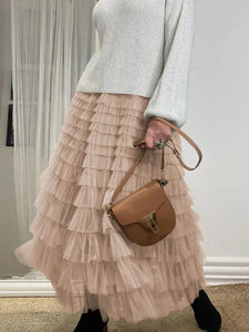 Casual Solid Women Tierred Ball Gown Skirts Tulle High Waist Pleated Long Tutu Skirt Elegant Ladies Wild Mesh Dating Maxi Skirts
