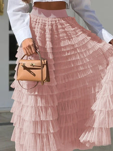 Casual Solid Women Tierred Ball Gown Skirts Tulle High Waist Pleated Long Tutu Skirt Elegant Ladies Wild Mesh Dating Maxi Skirts