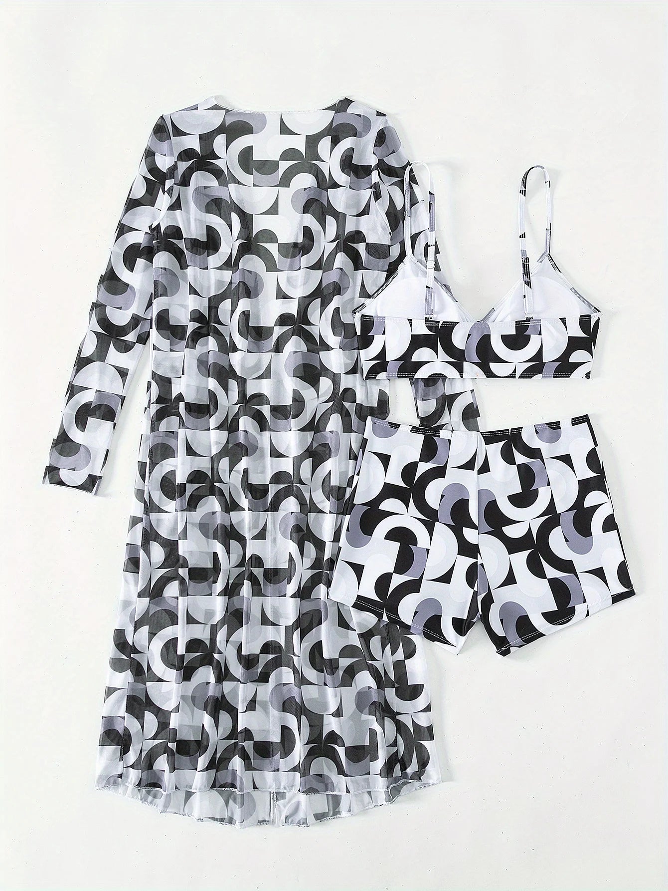 Three-piece printed drawstring bikini set, stylish high-waisted swimsuit with long-sleeved tulle blouse and kimono shirt