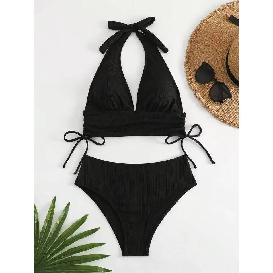 New Women's Pure Color Hanging Neck Bikini Swimsuit Separate Design Sport Fitness Swimmingwear Casual Chic Underwear