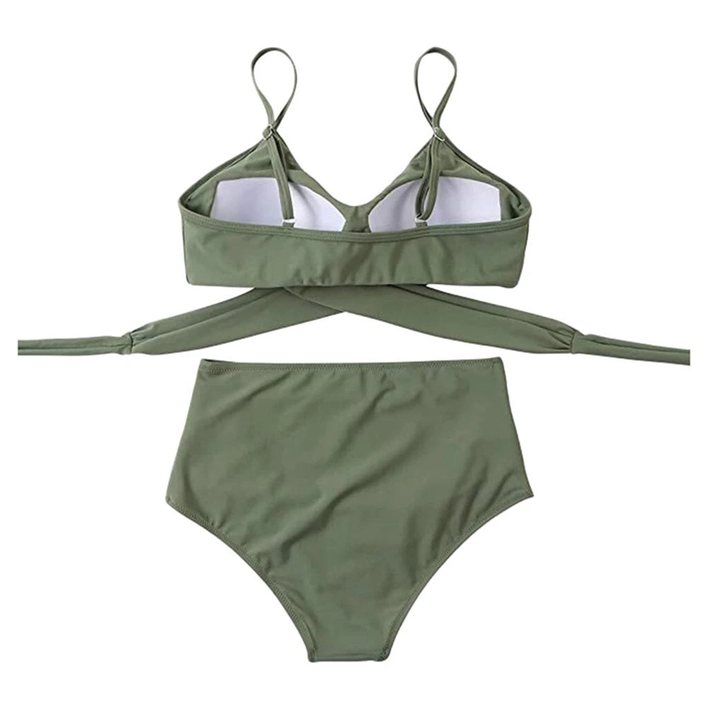 Hot 12 Colors Women Slim Bikini Sets High Waisted Sexy Swimwear 2 Pieces  Solid/Floral Ruched Brazilian Swimsuit Cross Front