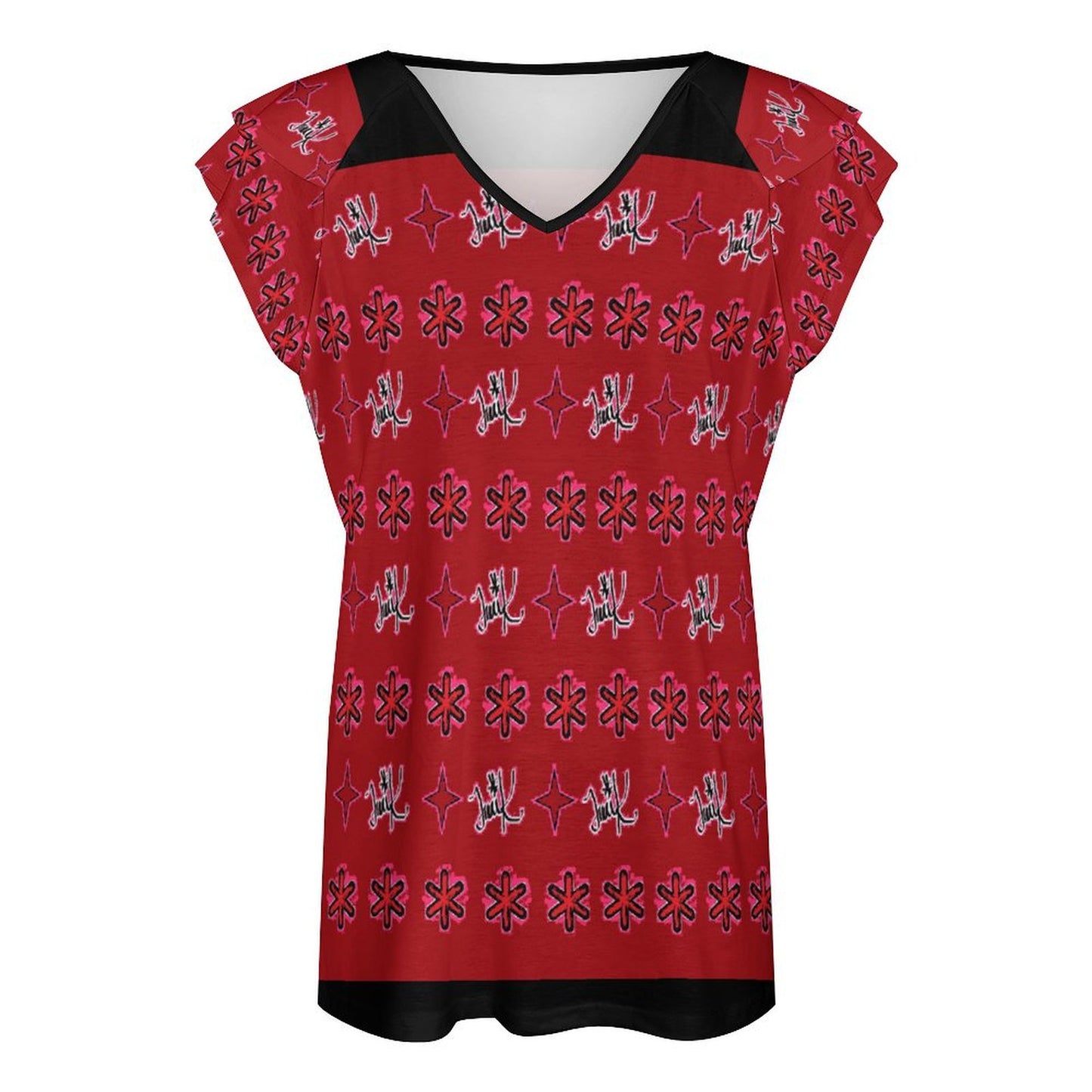 Traci K Signatured Designer V-neck T-shirt Women's Ruffle Sleeve V-Neck T-Shirt