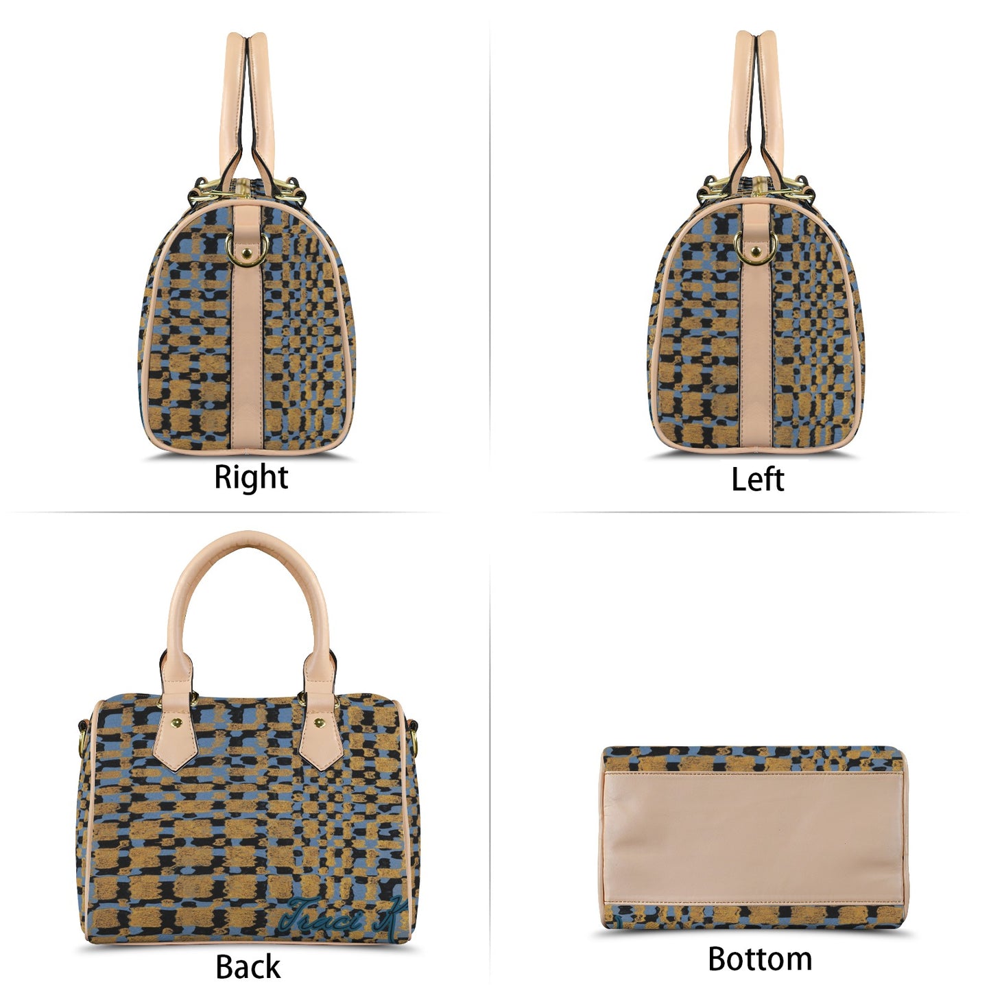 Traci K Signatured Designer Blue Brown Blocked Boston Bag Boston Leather Handbag-Khaki Handle (Model 1746)