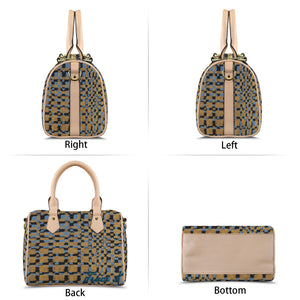 Traci K Signatured Designer Blue Brown Blocked Boston Bag Boston Leather Handbag-Khaki Handle (Model 1746)