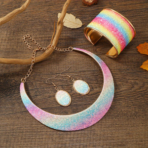 22K Gold Plated Jewelry Set With Choker Necklace & Drop Earrings & Open Cuff Bangle Bracelet Inlaid Colorful Rhinestone