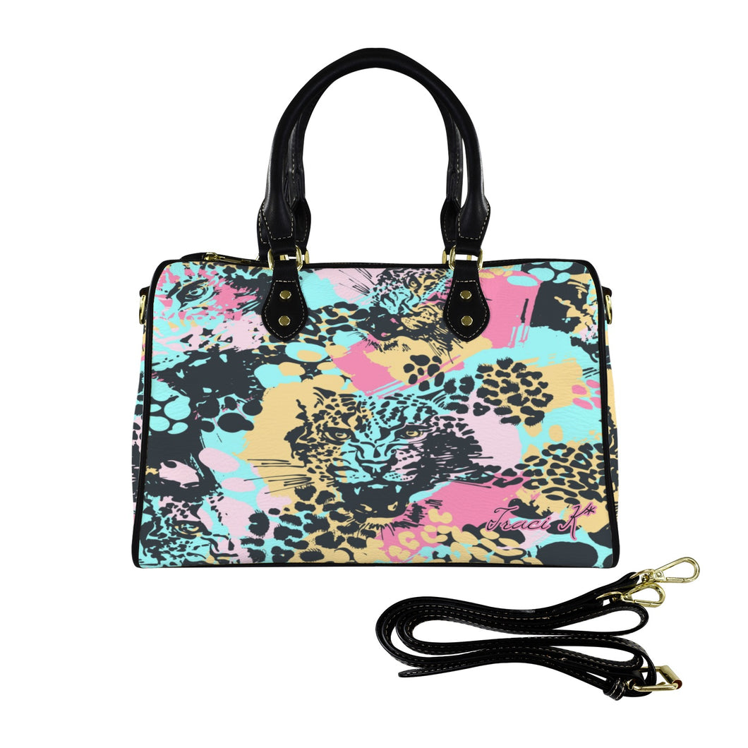 Traci K Signatured Abstract Leopard Pattern Boston Handbag Boston Leather Handbag-Large (Model 1749)
