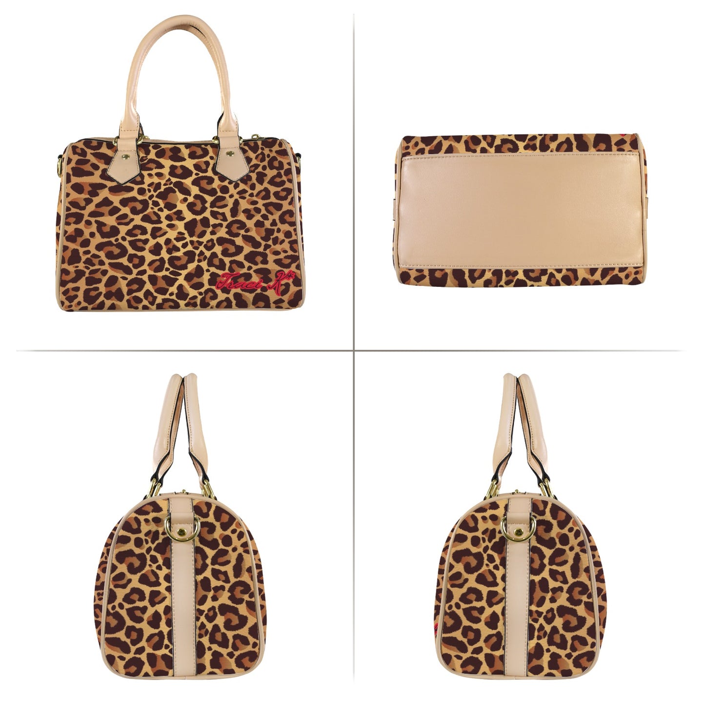 Traci K SIgnatured Designer Leopard Pattern Boston Bag Boston Leather Handbag-Small & Khaki (Model 1749)