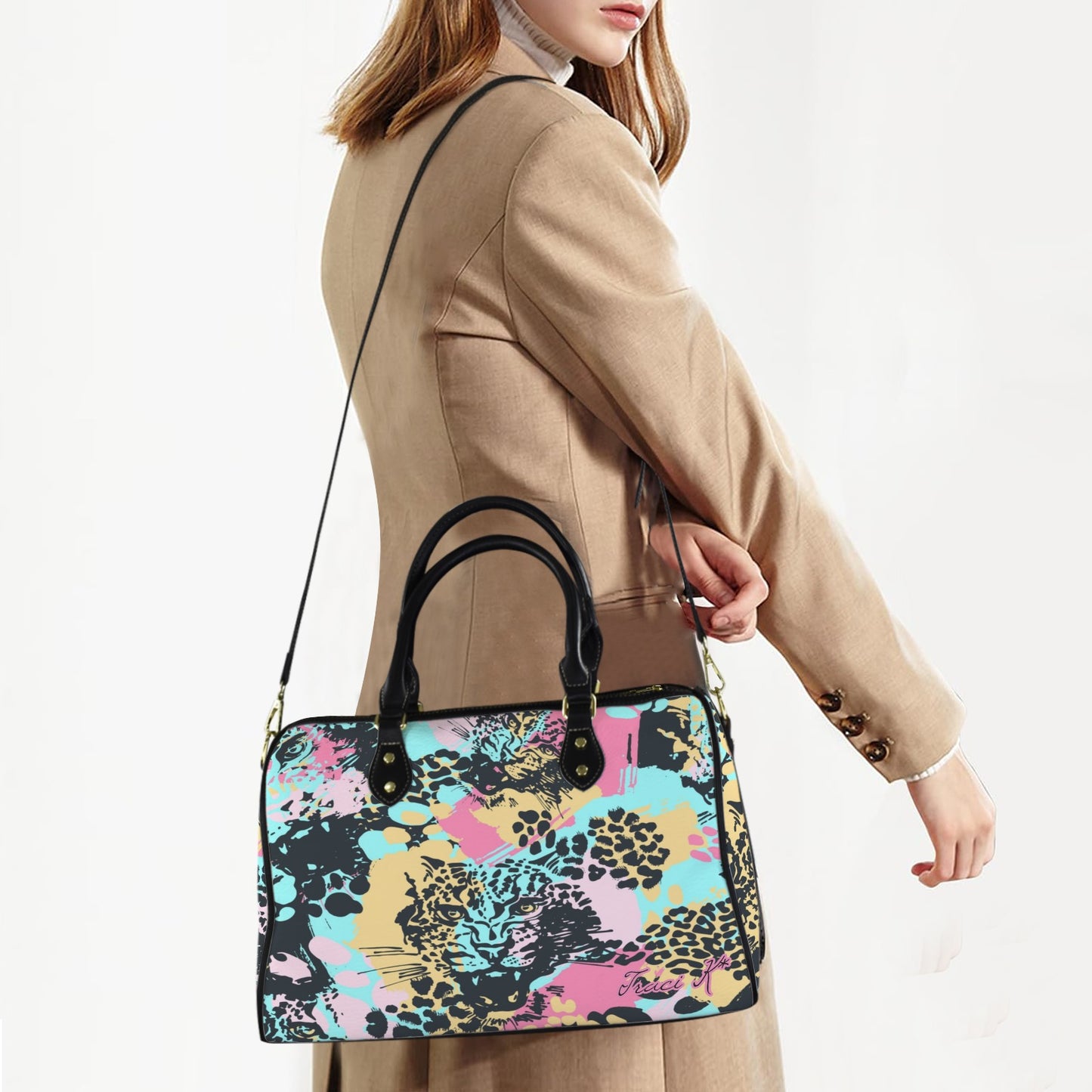 Traci K Signatured Abstract Leopard Pattern Boston Handbag Boston Leather Handbag-Large (Model 1749)