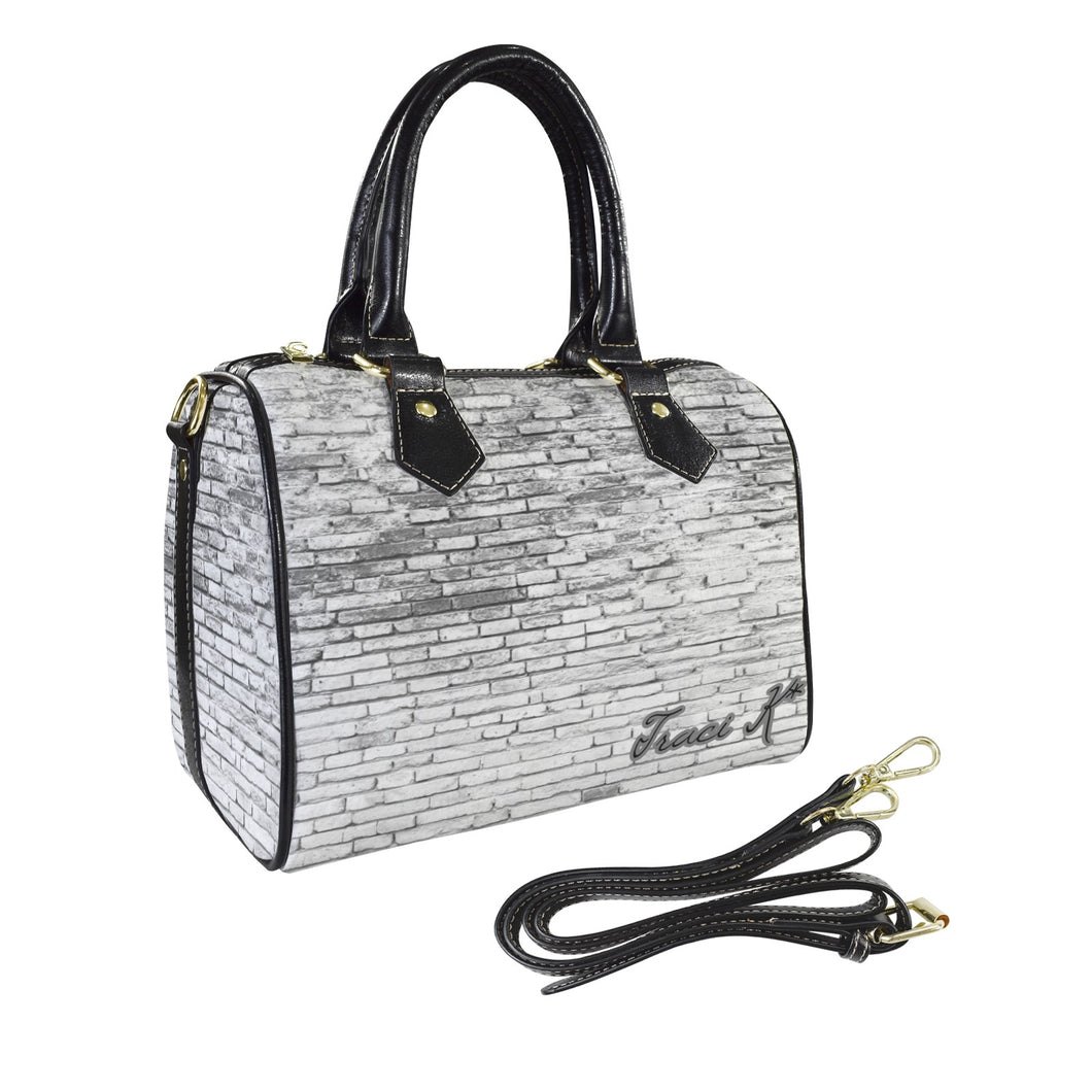 Traci K Designer Cracked Grunge Boston Bag Boston Leather Handbag-Small & Black (Model 1749)