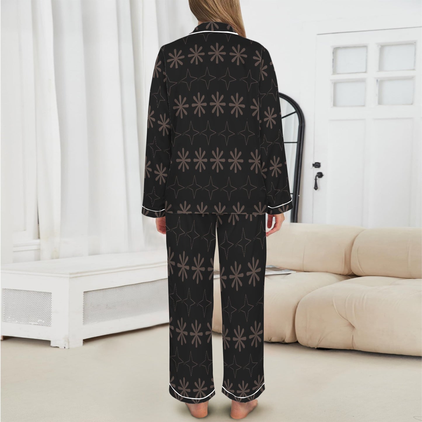 Traci K* Signature Pattern Satin Loungewear Black Women's Long Sleeve Satin Pajama Set