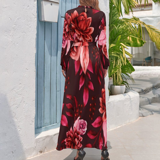 Traci K Maroon Floral Designer Long dress Long Sleeve High Neck Long Dress