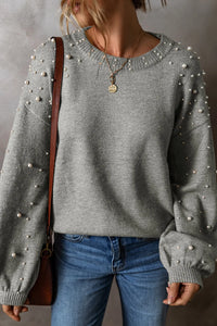 Pearl Detail Round Neck Long Sleeve Sweater