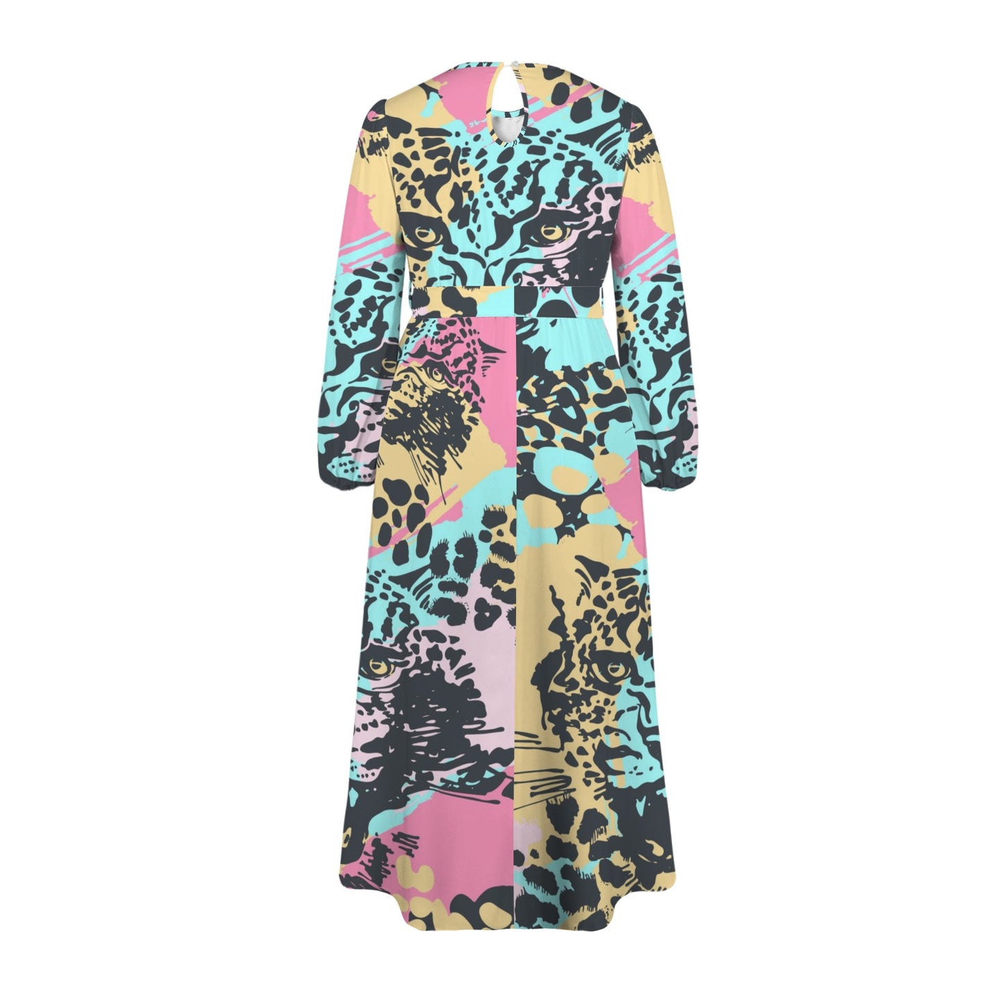 Traci K* Abstract Leopard Pattern Long Sleeve Dress Round Neck Long Sleeve Belted Maxi Dress