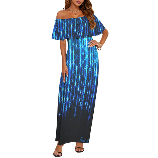 Traci K Celebration of Lights Long Ruffle Dress Women's Off Shoulder Ruffle Boat Neck Dress (Model D71)