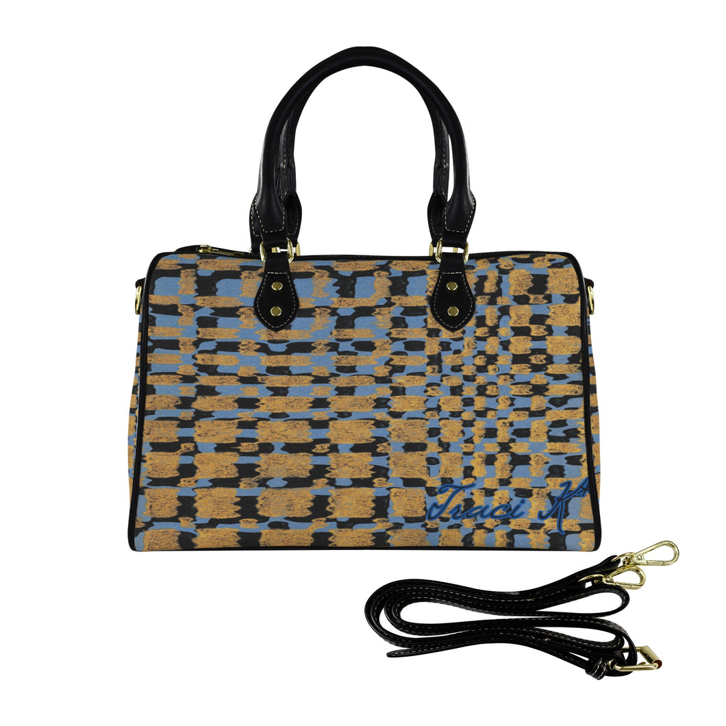 Traci K Block Brown Blue Boston Bag Boston Leather Handbag-Large (Model 1749)