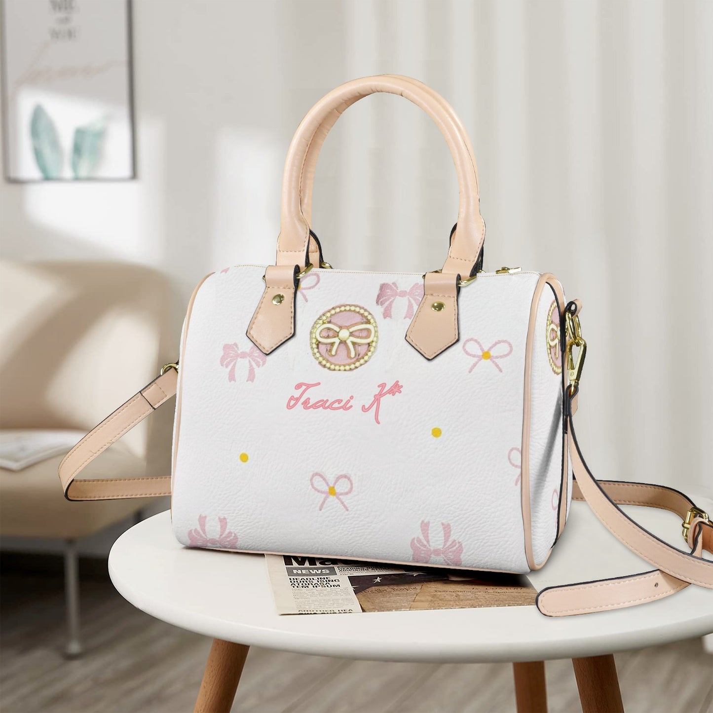 Traci K Put a Bow On It Boston Sachel Handbag Boston Leather Handbag-Khaki Handle (Model 1746)
