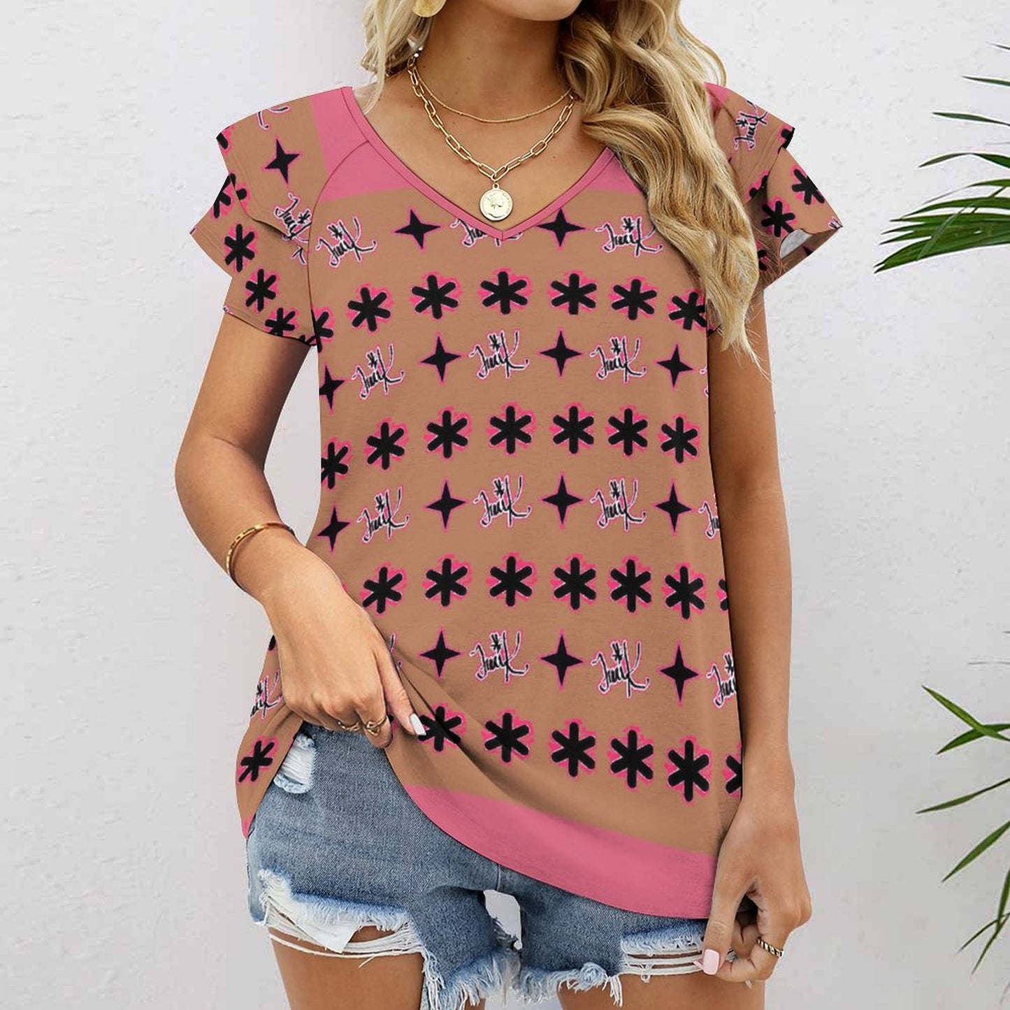 Traci K Designer V-neck T-Shirt Women's Ruffle Sleeve V-Neck T-Shirt