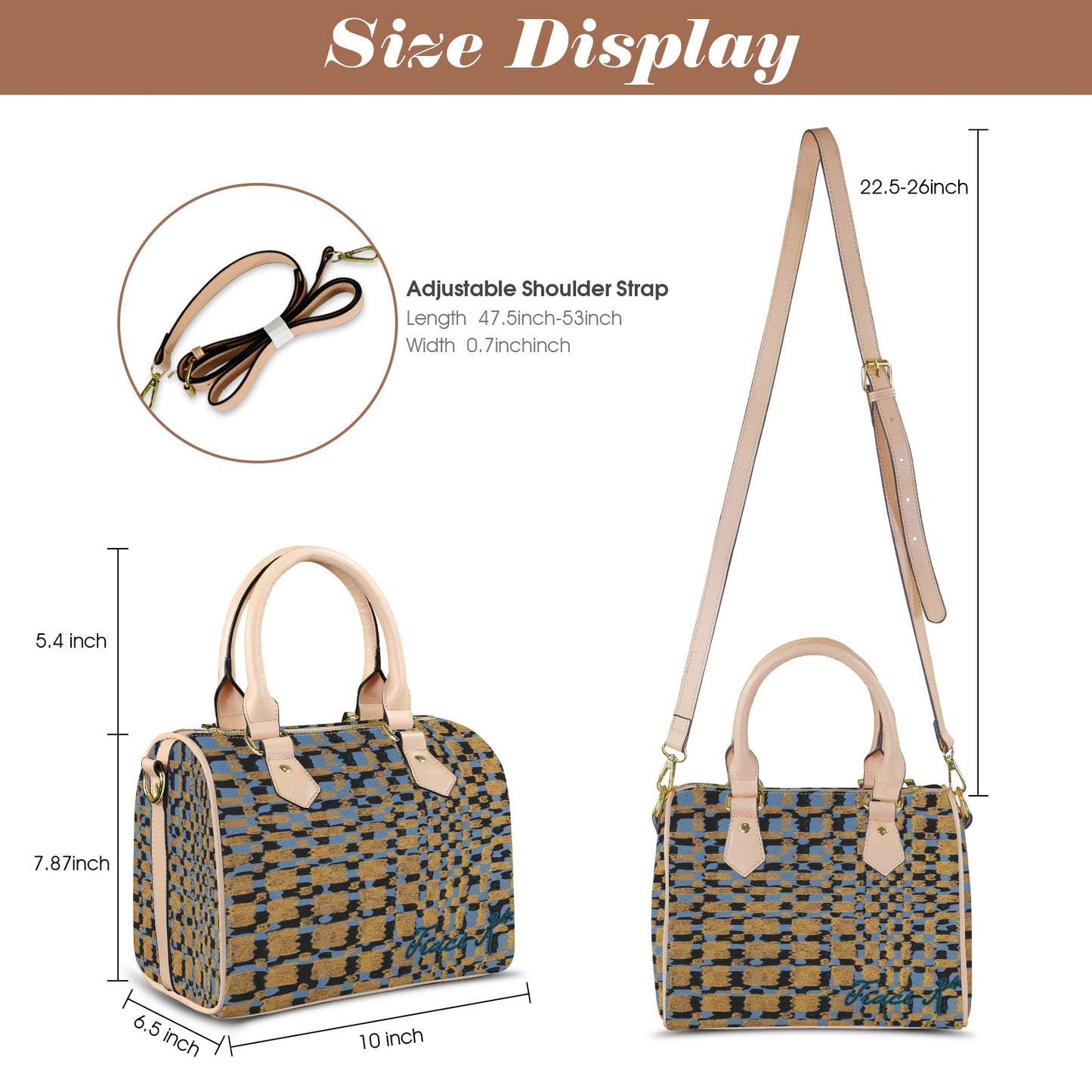 Traci K Signatured Designer Blue Brown Blocked Boston Bag Boston Leather Handbag-Khaki Handle (Model 1746)