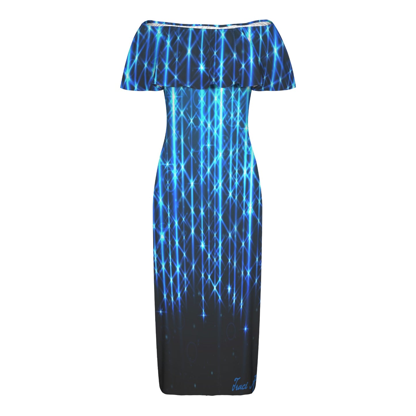 Traci K Celebration of Lights Long Ruffle Dress Women's Off Shoulder Ruffle Boat Neck Dress (Model D71)