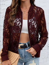 Load image into Gallery viewer, Sheer Lace Zip Up Long Sleeve Jacket
