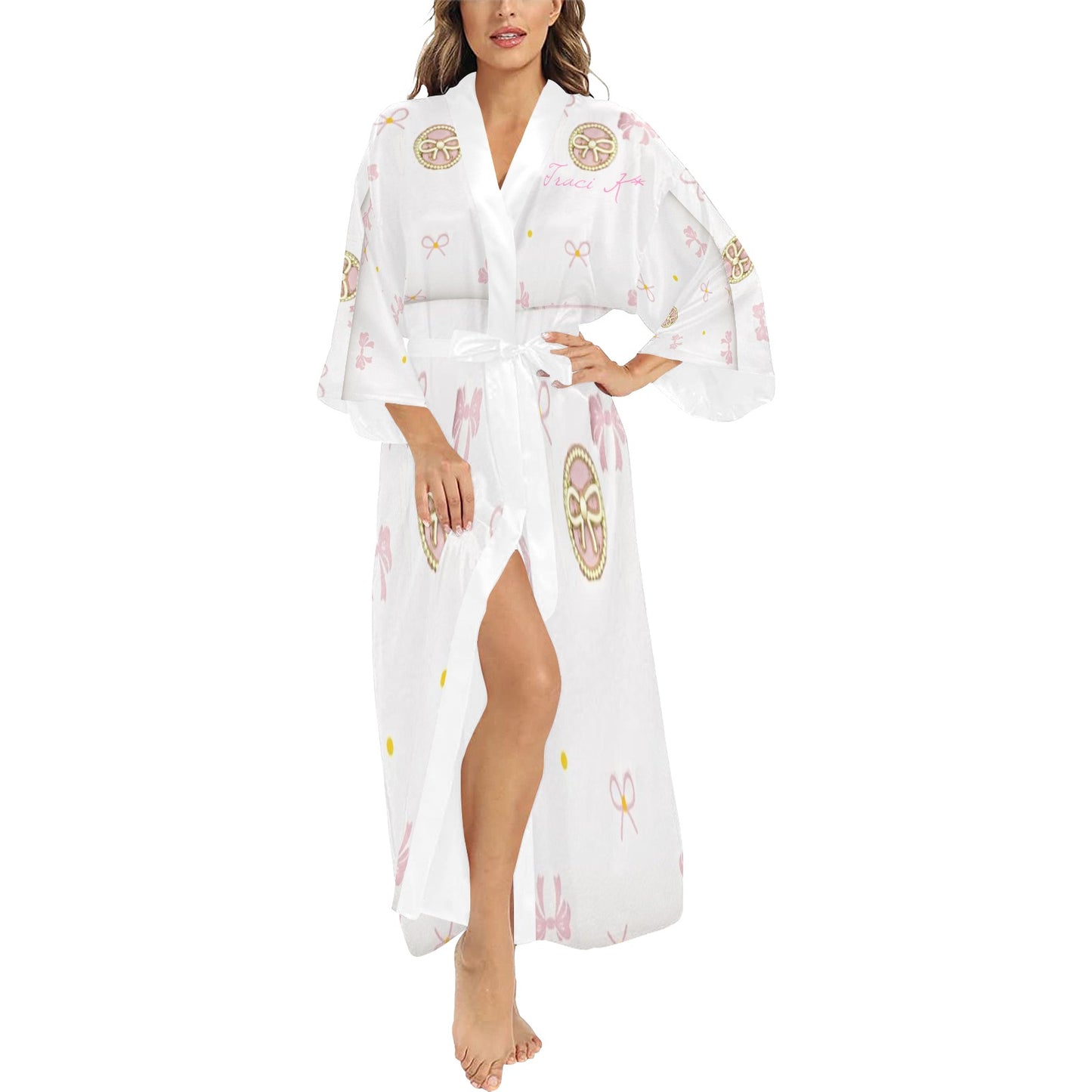 Traci K Designer Put a Bow On It Satin Pink Kimona Rober Long Kimono Robe