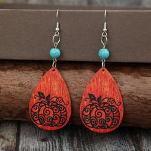 Load image into Gallery viewer, Turquoise Wooden Pumpkin Teardrop Earrings
