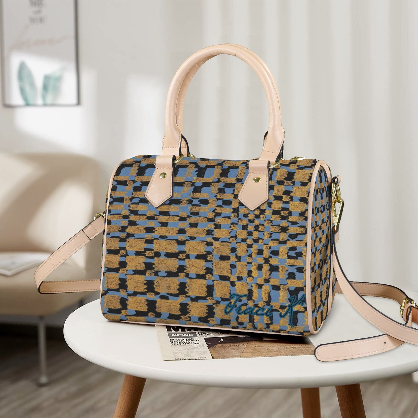 Traci K Signatured Designer Blue Brown Blocked Boston Bag Boston Leather Handbag-Khaki Handle (Model 1746)