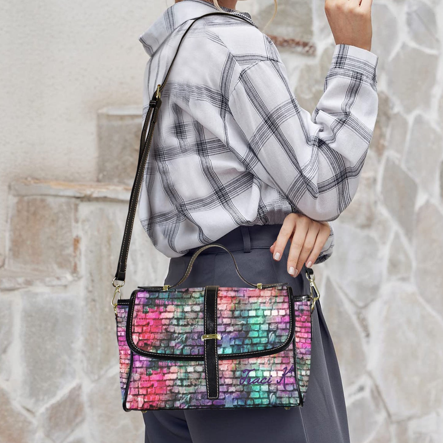 Traci K Designer Colorful Brick Wall Multi Functional Sachel Bag Multi-Function Satchel-Black (Model 1740)