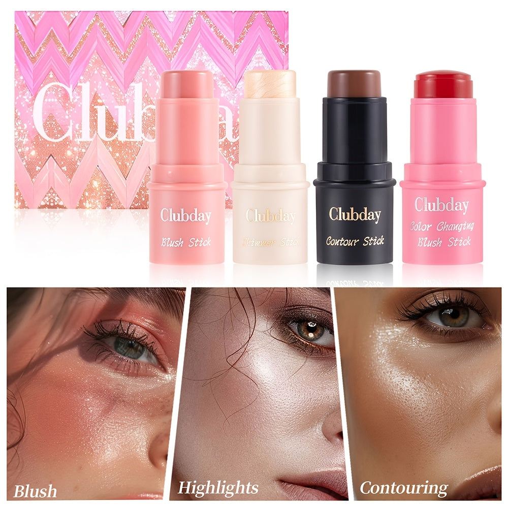 Clubday Water Jelly Makeup by Traci K Beauty Box 4pcs/set Contour Blush Stick Set for Cheeks, Face Makeup Beauty, Jelly Foundation, Eye Brightener, Pink Peach Cream Blush Kit