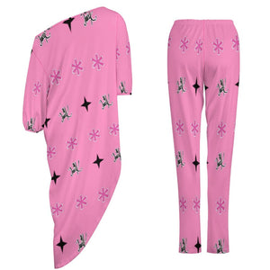 Traci K Pink Patterned Signatured Diagonal shoulder two piece set Women's Off Shoulder Two-piece Set