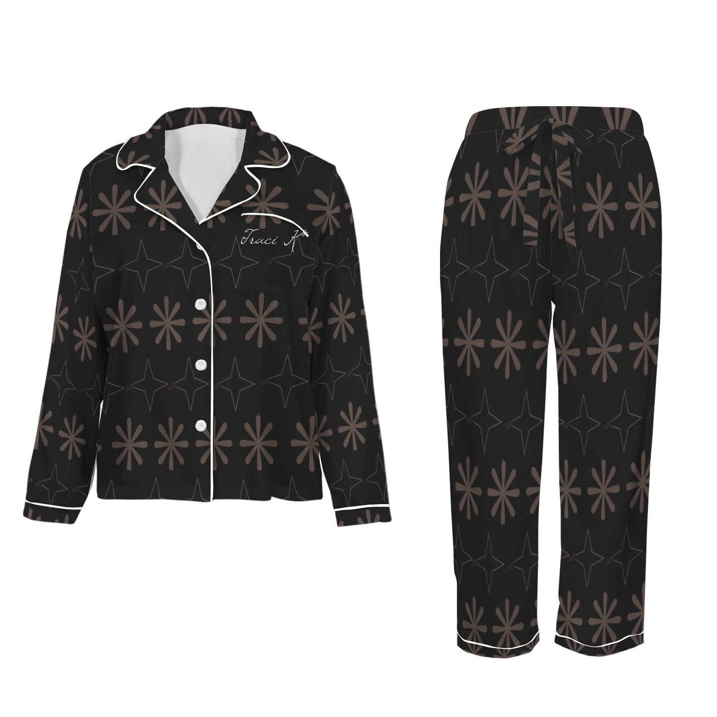 Traci K* Signature Pattern Satin Loungewear Black Women's Long Sleeve Satin Pajama Set