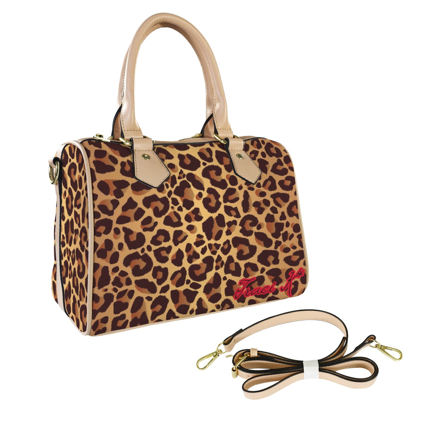 Traci K SIgnatured Designer Leopard Pattern Boston Bag Boston Leather Handbag-Small & Khaki (Model 1749)