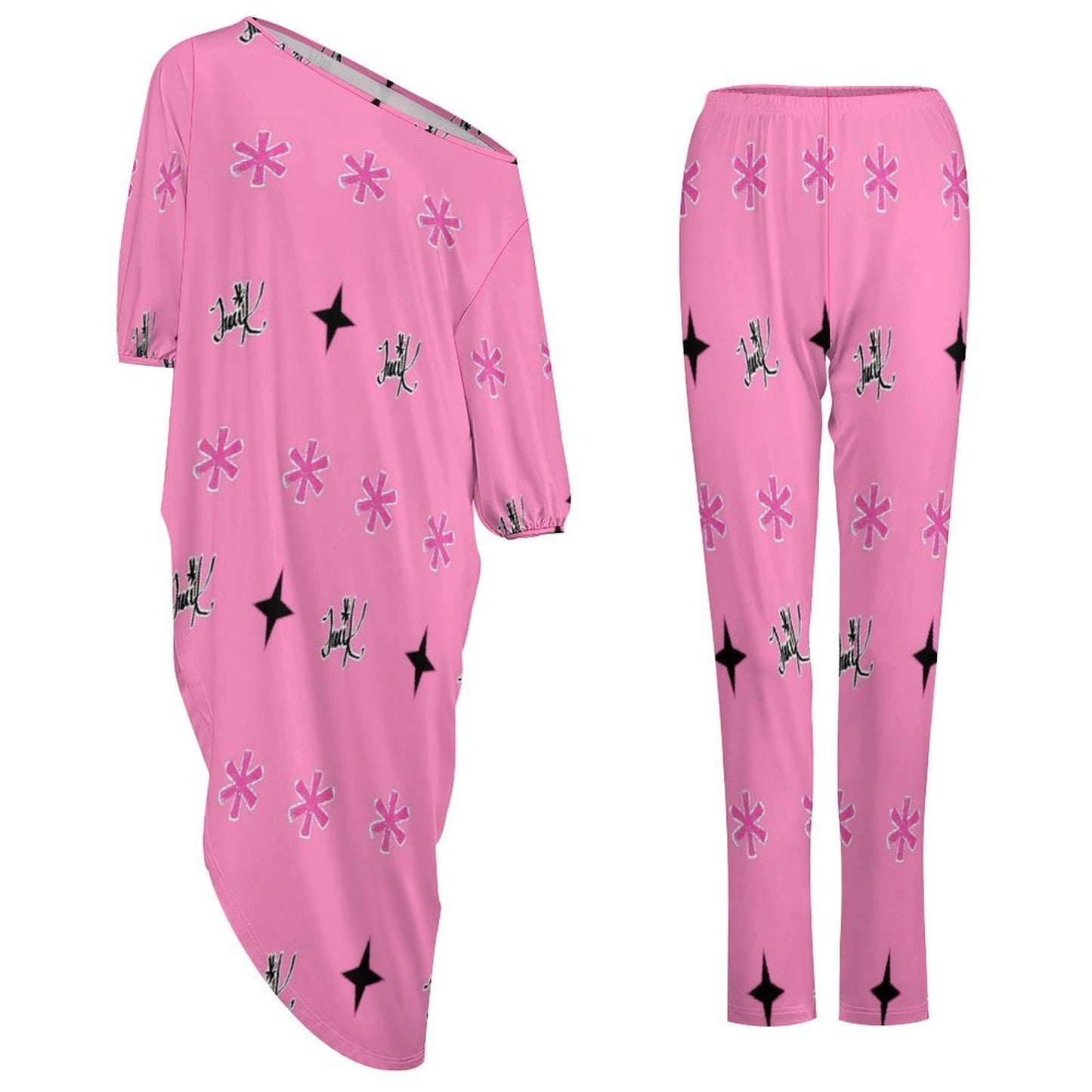 Traci K Pink Patterned Signatured Diagonal shoulder two piece set Women's Off Shoulder Two-piece Set