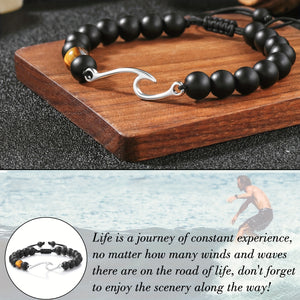 Wave Length Bracelet Inspirational Ocean Wave Motif Bracelet, Black Onyx & Tigereye Beads, Fashionable Imitation Jade, with Encouragement for Tough Times, for Son, Grandson, Friend, Colleague, Ideal for Christmas, New Year, Graduation, Valentine'S Day
