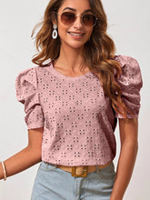 Load image into Gallery viewer, Eyelet Round Neck Puff Sleeve Blouse
