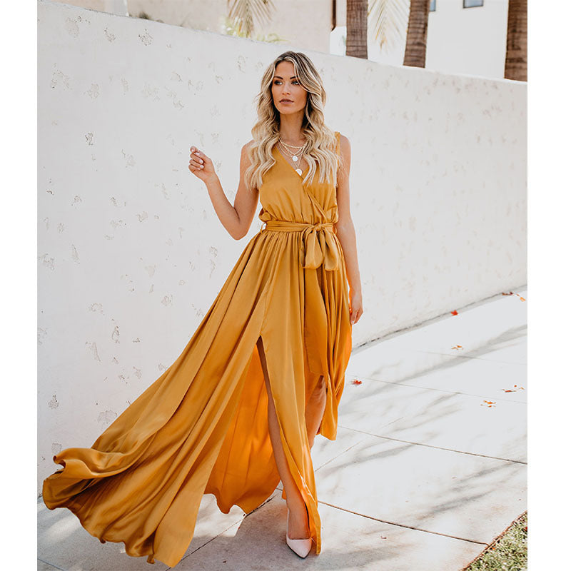 Cross-border women's clothing summer new bohemian solid color V-neck sleeveless high slits large swing dress long skirt