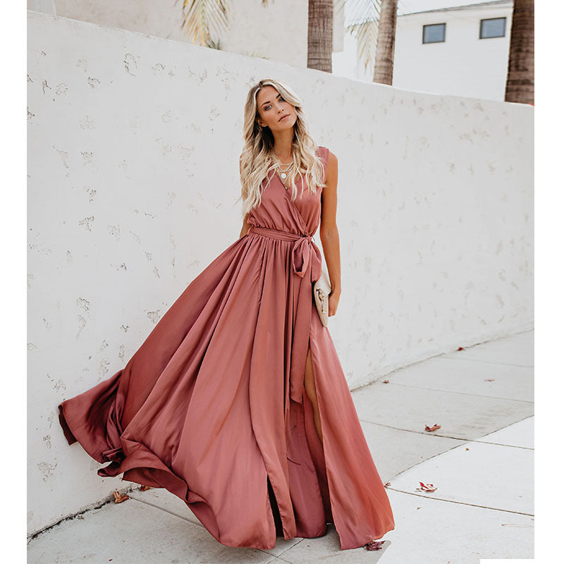 Cross-border women's clothing summer new bohemian solid color V-neck sleeveless high slits large swing dress long skirt