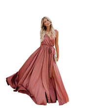 Load image into Gallery viewer, Cross-border women&#39;s clothing summer new bohemian solid color V-neck sleeveless high slits large swing dress long skirt
