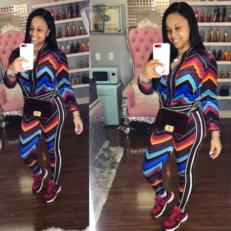 Autumn and Winter New Women Fashion Sexy Sports Stripes Contrast Color Two-Piece Set