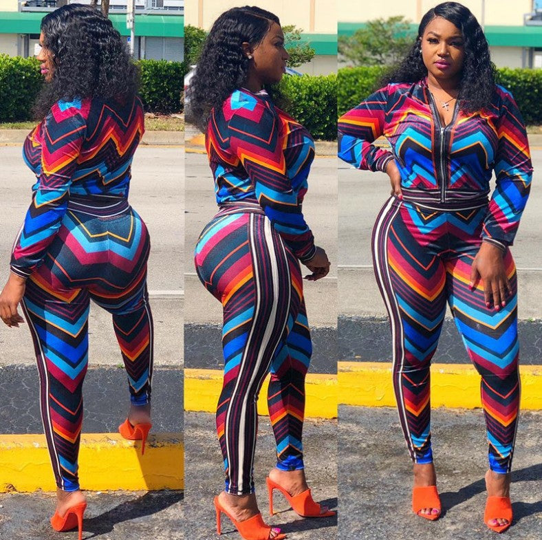 Autumn and Winter New Women Fashion Sexy Sports Stripes Contrast Color Two-Piece Set