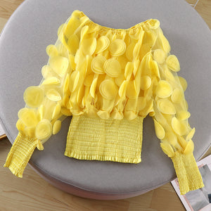 One-word shoulder waist upper clothing female small design fashion three-dimensional flower bubble sleeve perspective mesh chiffon shirt