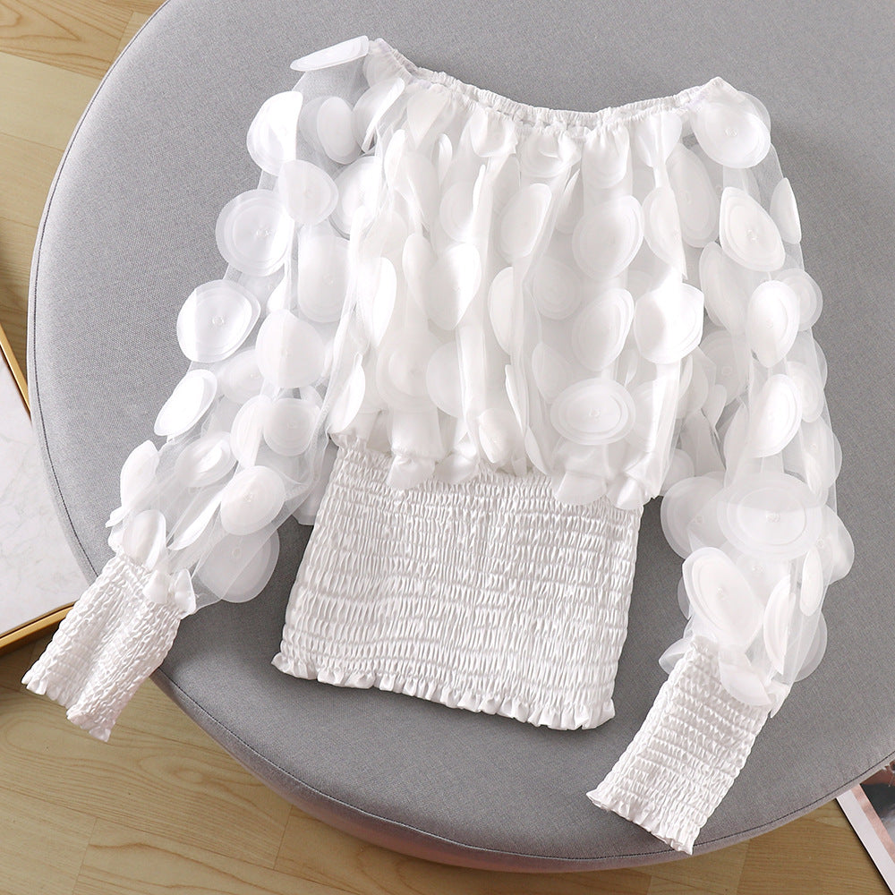 One-word shoulder waist upper clothing female small design fashion three-dimensional flower bubble sleeve perspective mesh chiffon shirt