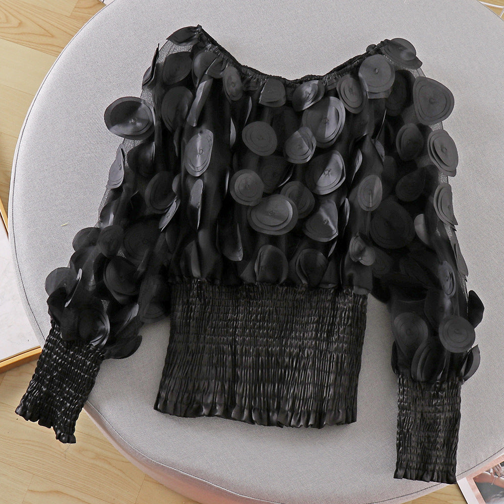 One-word shoulder waist upper clothing female small design fashion three-dimensional flower bubble sleeve perspective mesh chiffon shirt