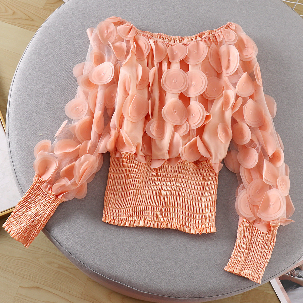 One-word shoulder waist upper clothing female small design fashion three-dimensional flower bubble sleeve perspective mesh chiffon shirt