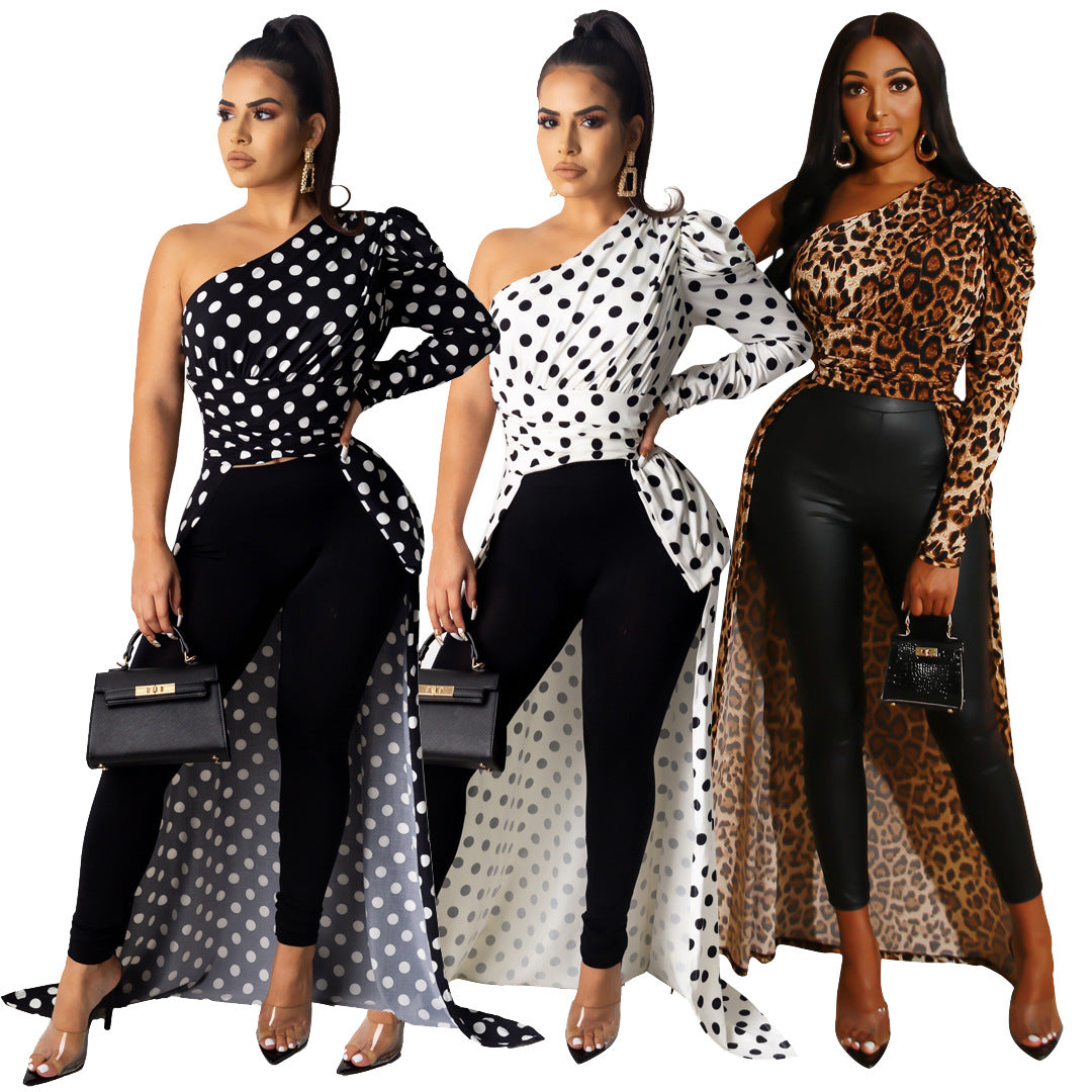 Shoulder Polka Dot Leopard-Print Shirt Dress  Women Clothing  Hot