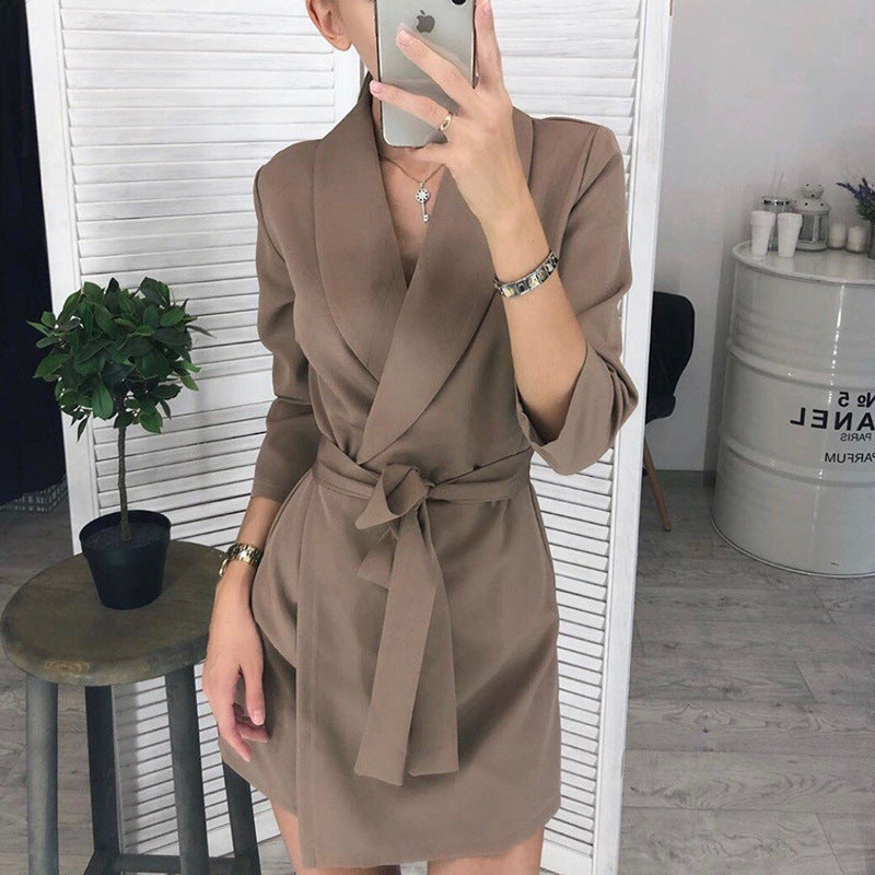 Spring Summer Autumn Women Three-quarter Sleeve Solid Color Polo Collar Suit Fashion Belt Elegant Dress For Women