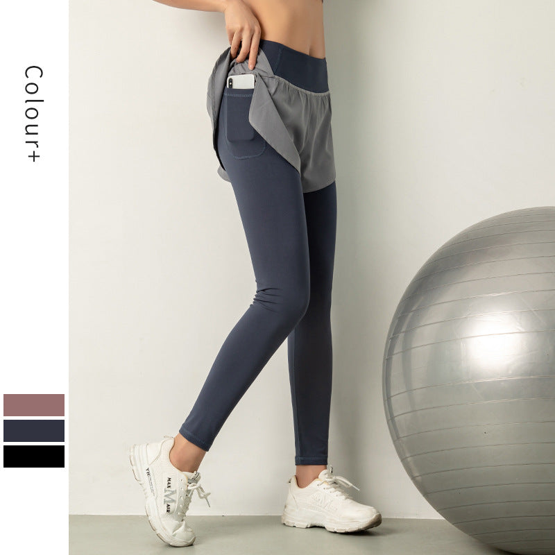Fitstyle Nude Feel Cotton Fake Two Pieces Yoga Pants Women＇s High Waist Hip Lift Tight Skinny Fitness Pants Running Stretch Sports Trousers