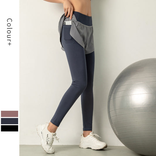 Fitstyle Nude Feel Cotton Fake Two Pieces Yoga Pants Women＇s High Waist Hip Lift Tight Skinny Fitness Pants Running Stretch Sports Trousers