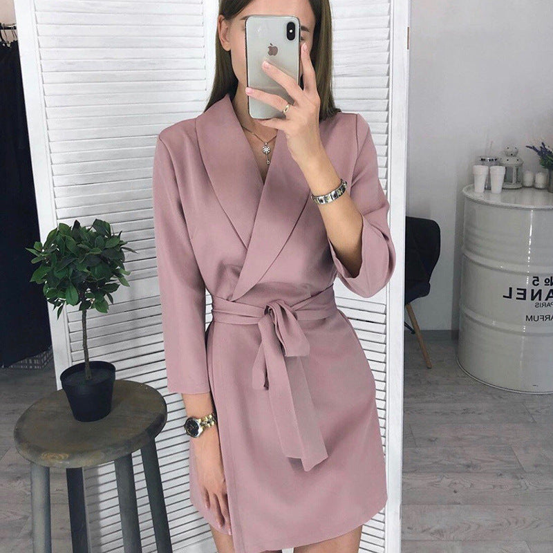 Spring Summer Autumn Women Three-quarter Sleeve Solid Color Polo Collar Suit Fashion Belt Elegant Dress For Women