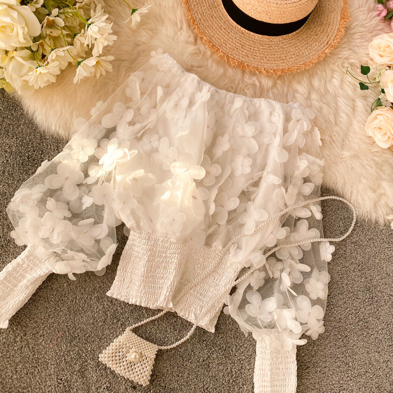 One-word shoulder waist upper clothing female small design fashion three-dimensional flower bubble sleeve perspective mesh chiffon shirt